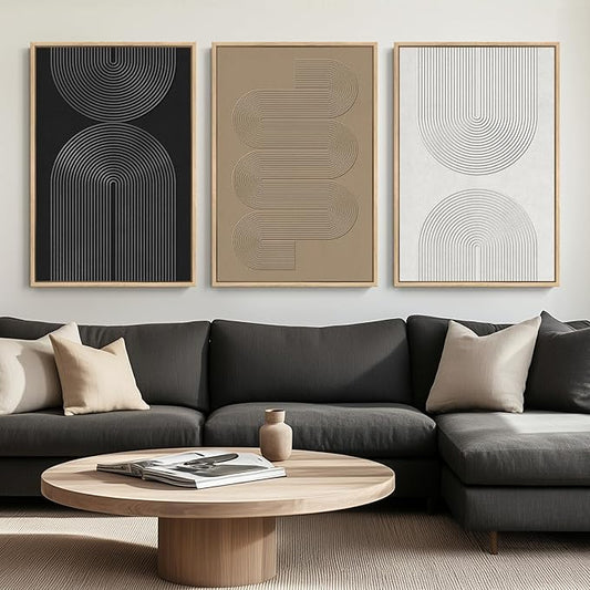 Large Framed Black and White Neutral Abstract Wall Art, 3 Piece Minimalist Canvas Prints Paintings Artwork for Walls, Boho Geometric Pictures for Living Room Hallway Office Wall Decor Total 30x60 In