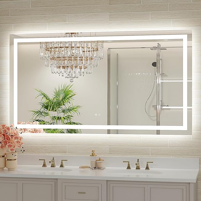 55x30 LED Bathroom Mirror with Lights, Brighter Backlit + Front Lit, Tempered Glass, Dimmable, Multiple Light Modes, Anti-Fog Lighted Bathroom Vanity Mirror for Wall, Memory Function