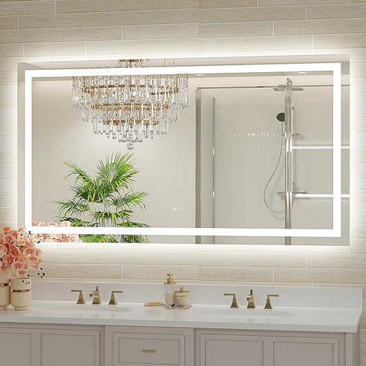 55x30 LED Bathroom Mirror with Lights, Brighter Backlit + Front Lit, Tempered Glass, Dimmable, Multiple Light Modes, Anti-Fog Lighted Bathroom Vanity Mirror for Wall, Memory Function