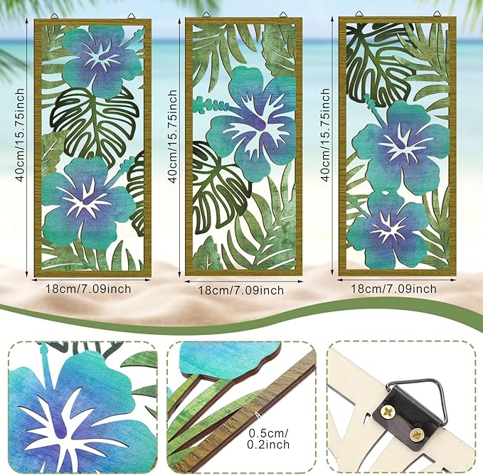 3 Pcs Tropical Wall Decor 3d Wooden Palm Leaf Wall Art Monstera Sculptures Wood Hibiscus Flowers Hanging Decor Vintage Plant Plaque for Home Bathroom 7.09 x 15.75 Inch(Fresh Style)