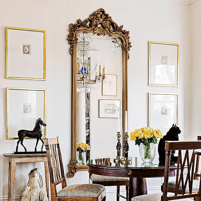 Large Gold Vintage Mirror, 66"x28" Arch Full Length Mirror with Ornate Lightweight PU Frame, Traditional Carved Top Decorative Mirrors for Living Room Dining Room Bedroom Entryway