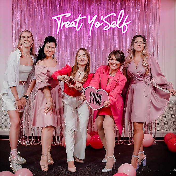 Kavaas Treat Yourself Neon Sign 16.5" x 5.7", Pink LED Light Up Signs for Wall Decor | Treat Yo Self Neon Sign for Girls Bedroom, Bar, Office, Dorms