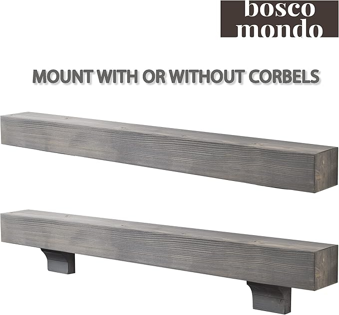 BoscoMondo Rustic Fireplace Mantel Shelf with Corbels- Pine Wood - Wall Decor, Mounted Farmhouse Shelving (60", Grey)
