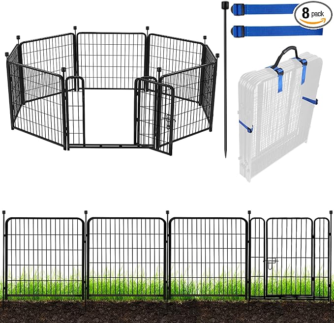 ADAVIN 32 in(H) Garden Fences and Borders,1 Gate+7 Panels Dog Fence Outdoor for Yard, Heavy Duty Iron Metal Animal Barrier Fence, Portable Fence, Flower Garden Fencing,Total 17.7 Ft(L), Black