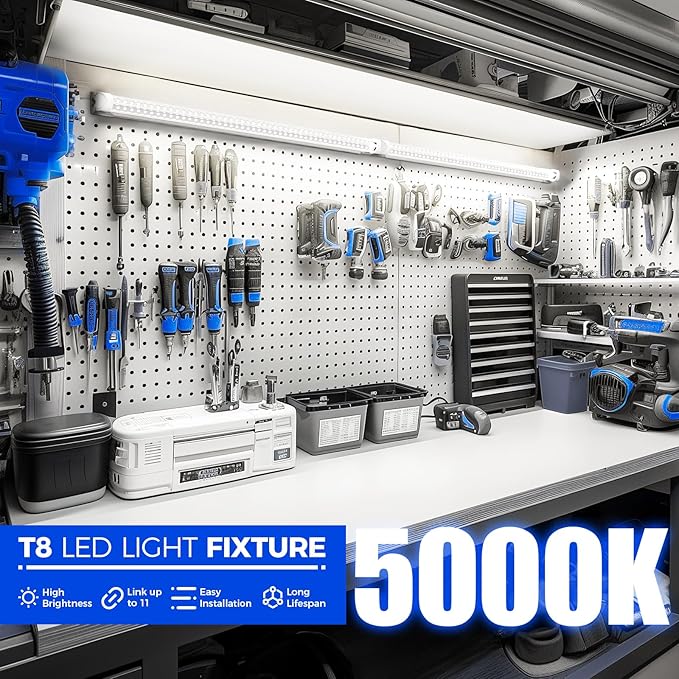 Barrina 5000K 2FT LED Shop Light, 3000LM, 20W, T8 Shop Lights for Garage, Workbench, Cabinet, Workshop, Room, LED Tube Lights, Linkable Ceiling Light Fixture with Built-in ON/Off Switch, ETL, 4 Packs