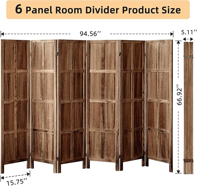 6 Panel Room Divider Wall, 5.6 FT Folding Privacy Screen Room Divider, Partition Divider for Room Separation, Room Partition Separator, Wooden Divider Screen for Home Office Bedroom (Brown)