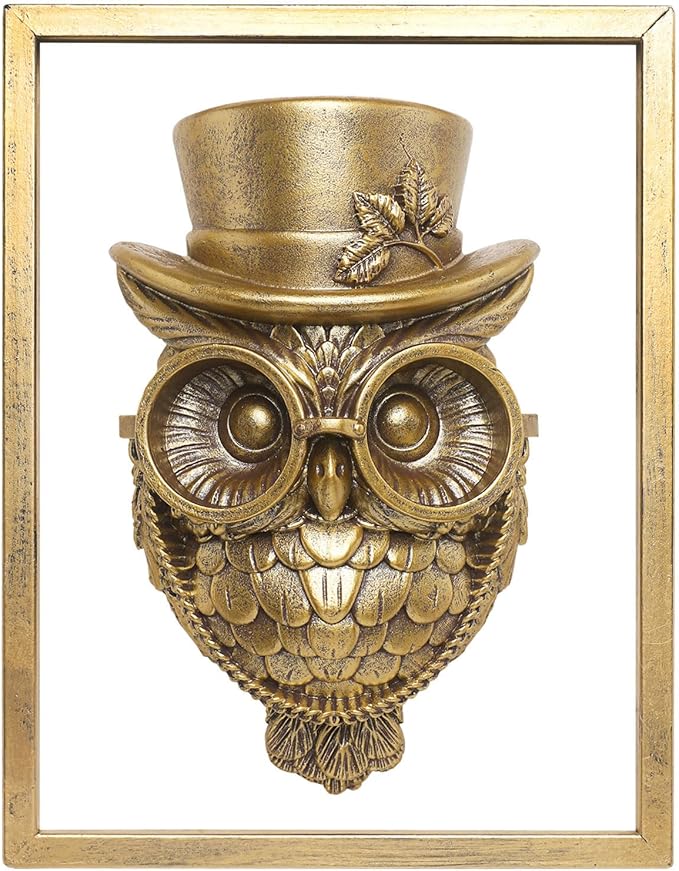 Animal Heads Wall Decor (Includes Metal Frame) Halloween Resin Animals Sculptures Head Wall Hanging Decoration Gold vintage Wall Sculpture for Living Room Bedroom Office(Owl)