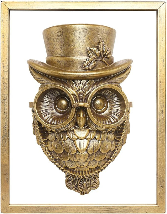 Animal Heads Wall Decor (Includes Metal Frame) Halloween Resin Animals Sculptures Head Wall Hanging Decoration Gold vintage Wall Sculpture for Living Room Bedroom Office(Owl)