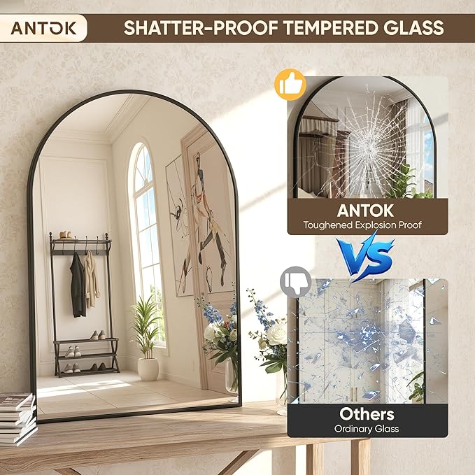 Antok Wall Mirror, 20"x30" Bathroom Vanity Mirror, Anti-Rust HD Tempered Glass, Wall Mounted Mirrors for Living Room, Entryway, Black Frame, Arched