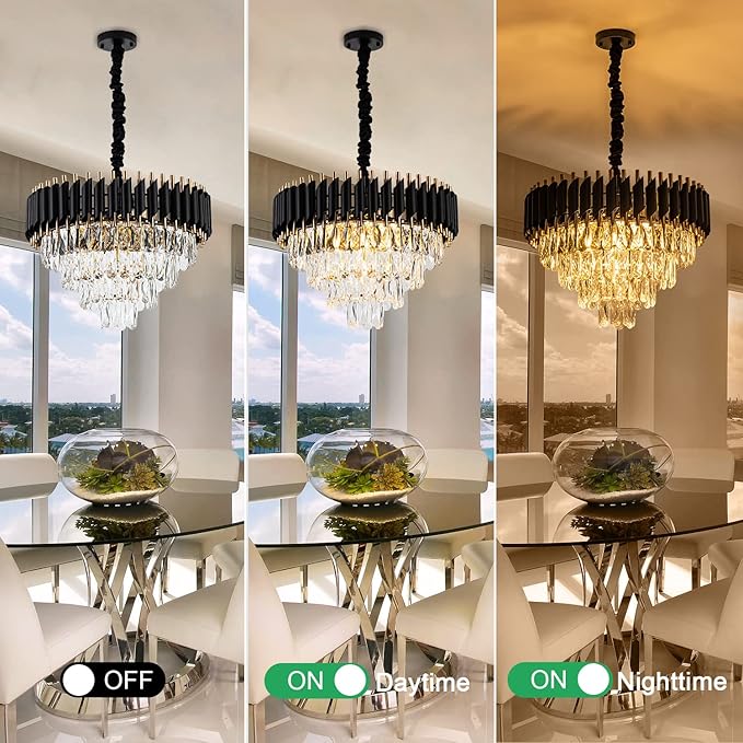 20.5" 7-Light Modern Crystal Chandelier Light Fixtures 4-Tier Black Gold Luxury Chandeliers for Dining Room Round Hanging Pendant Lighting for Living Room Kitchen Entryway Bedroom Hallway