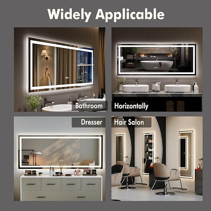 60x24 LED Bathroom Mirror with Lights, Backlit + Front Lit, Dimmable, Anti-Fog, Lighted Bathroom Vanity Mirror for Wall, Memory Function, Shatter-Proof (Horizontal/Vertical)