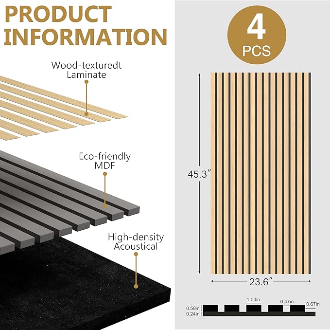 Acoustic Wood Wall Panels, 2-Pack 45.3" x 23.6" Soundproof Wall Panels, Wood Slat Wall Panels for Wall Decor, Natural Oak