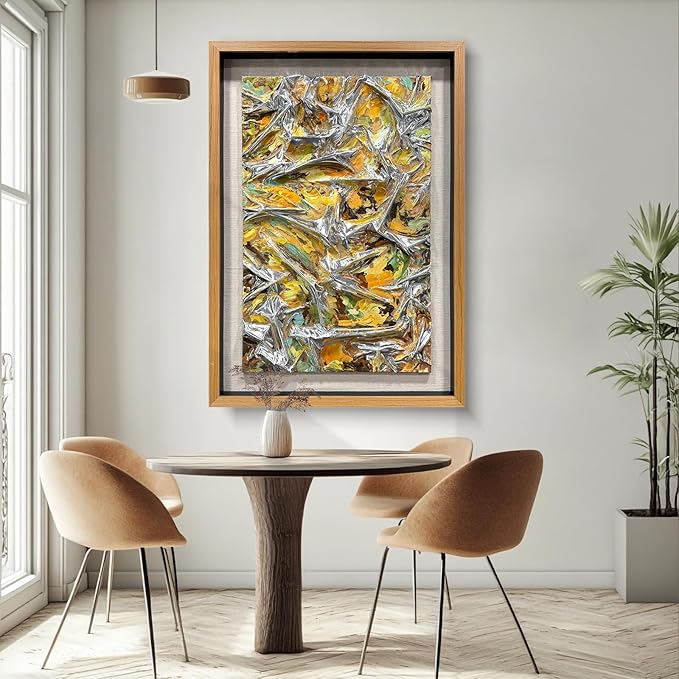 BrightA Textured silver leather abstract art - vibrant spray-painted fluid colors (yellow/orange/green) with solid wood frames, modern wall sculptures, contemporary living room 27.5"x 39.4"