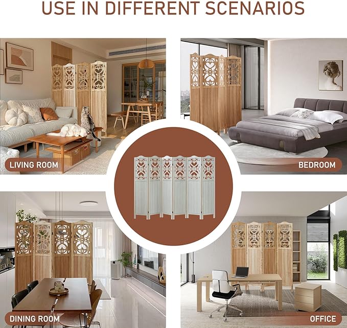4 Panel Room Divider Fully Assembled, Carved Room Dividers and Folding Screens, 5.6Ft Wood Room Divider Screen Freestanding Partition Wall Dividers for Home Bedroom Office, Rustic Wood Color
