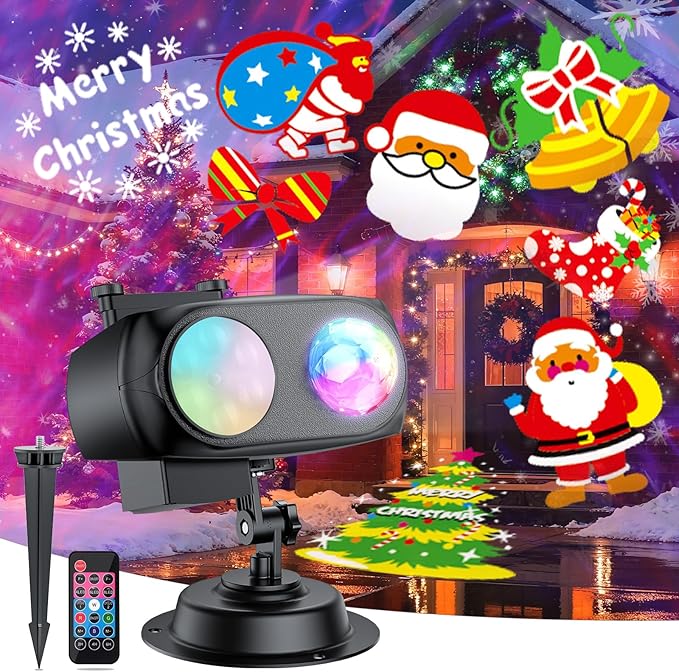 2025 Upgraded Brighter Halloween Christmas Outdoor Projector Lights with 14 HD (3D Ocean Wave+Patterns) Replaceable Slides, Waterproof for Indoor Outdoor Xmas Theme Party Yard Garden Decoration