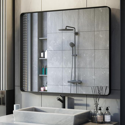 Black Bathroom Mirror for Wall, 36x30 Inch Matte Black Framed Bathroom Vanity Mirror for Farmhouse Living Room Bedroom, Anti-Rust, Tempered Glass, Rounded Corner, Horizontal/Vertical