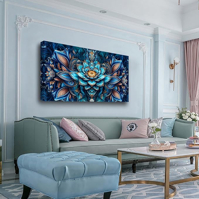 Blue Abstract Wall Art Bedroom Wall Decor Living Room,Lotus Flower Pattern of Design Canvas Wall Art Office Farmhouse Paintings Artwork Modern Golden Teal Boho Wall Art Prints Pictures 20 * 40inch