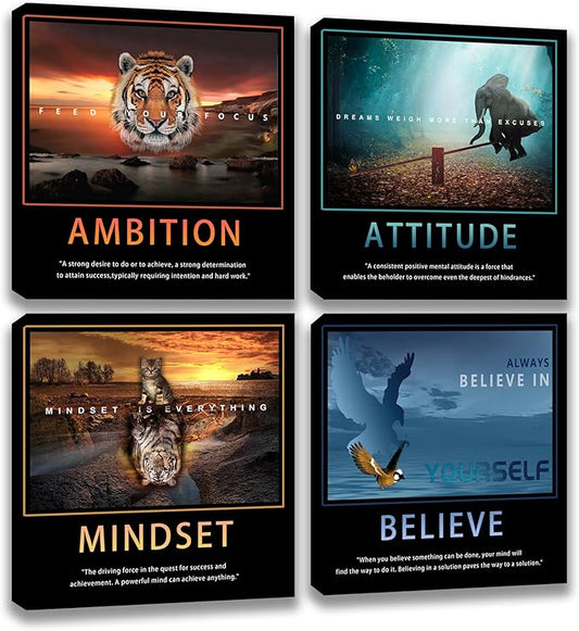 Motivational Wall Art Inspirational Canvas Poster Print Modern Inspiring Entrepreneur Quotes Animals Painting Picture Office Wall Decor Framed Artwork 4 Pieces Living Room Bedroom Workplace Decoration