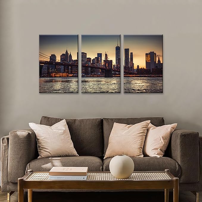 NAN Wind 3PCS New York City Skyline Canvas Wall Art Brooklyn Bridge at Sunset Golden Hour Manhattan Cityscape Pictures Canvas Artwork East River Reflection Modern Urban Home Decor Living Room Office
