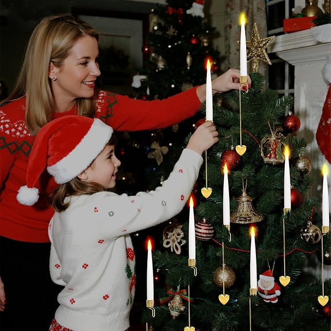 Christmas Tree Candles, 10 Pack Flameless Taper Candles for Christmas Tree Decor, Fake LED Candle Battery Operated with Remote for Xmas Wedding Home Gift with Gold Heart Hook