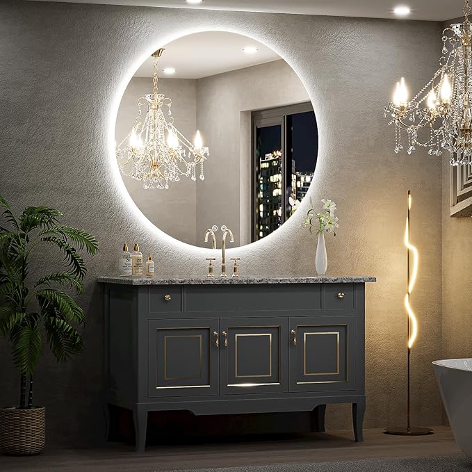36 Inch Round LED Bathroom Mirror - 6000K Daylight Backlit, Anti-Fog & Dimmable, Frameless Waterproof Mirror with Touch Control, CRI90+, IP54 for Vanity & Makeup