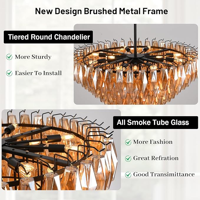 Modern Crystal Chandelier, 36" Luxury Black Round Amber Glass 8-Tier Chandelier for Dining Room, Large Bronze 20-Light Tiered Chandeliers Light Fixture for Living Room, Bedroom, Entryway, Staircase