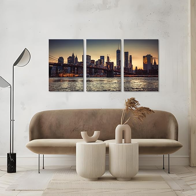 NAN Wind 3PCS New York City Skyline Canvas Wall Art Brooklyn Bridge at Sunset Golden Hour Manhattan Cityscape Pictures Canvas Artwork East River Reflection Modern Urban Home Decor Living Room Office