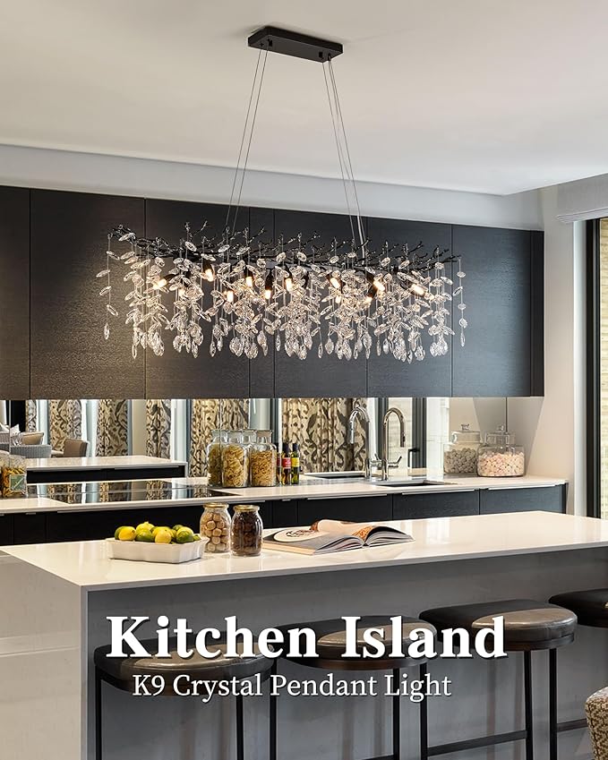 Modern Black Crystal Chandeliers for Living Room, Tree Branch Chandelier 14 Lights Rectangular 47.2" Hanging Pendant Light Fixture for Kitchen Island Dining Room Foyer Entryway