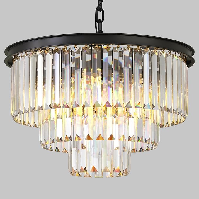 Modern Black Crystal Chandelier,3-Tier Round Pendant Ceiling Fixture with Height Adjustable Luxury Hanging Chandelier for Dining Room,Living Room,Entryway,Bedroom,Kitchen,and Foyer (Black Crystal-3)