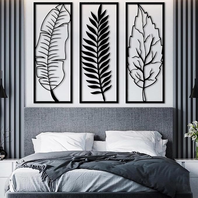 3 Pcs Metal Leaf Wall Decor-Palm Leaf Wall Art, Leaves Metal Wall Decor, Boho Wall Decor, Flower Wall Decor, Modern Wall Art, Maximalist Wall Decor, Wall Decor Living Room (24" x9"|60x23cm, White)
