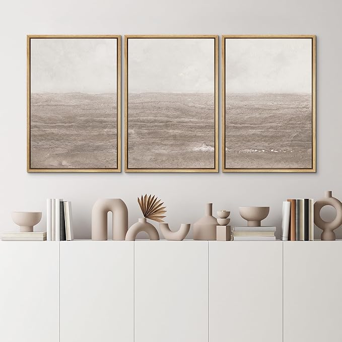 MUDECOR Framed Wall Art Print Set Neutral Textured Seascapes Subtle Tones Illustrations Modern Art Boho Decorative Colorful Chic for Living Room, Bedroom, Office - 24"x36"x3 Natural