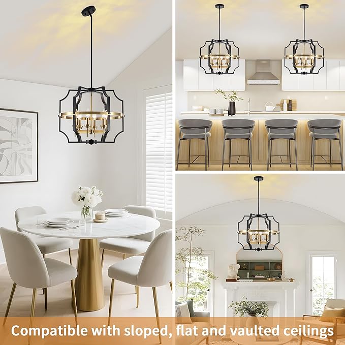 19.7'' Black and Gold Chandelier for Dining Room, 6-Light Farmhouse Industrial Chandelier Adjustable Modern Geometric Pendant Lights for Living Room Kitchen Entryway Foyer Hallway