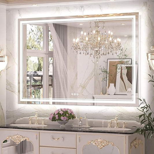 Keonjinn LED Bathroom Mirror 60" x 40" with Frontlit and Backlight, Tempered Glass Stepless 3 Colors Temperature & Dimmable Vanity Mirror, UL Listed LED Driver, Double Lights Anti-Fog Wall Mirror