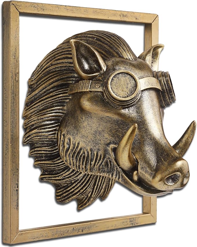 JJALIGHTS Exquisite Resin Animal Head Wall Sculpture (Gift Metal Frame) - Imitation Copper Vintage Decor for Living Room, Bedroom & Office | Decorative Wall Hanging Art (Warthog)