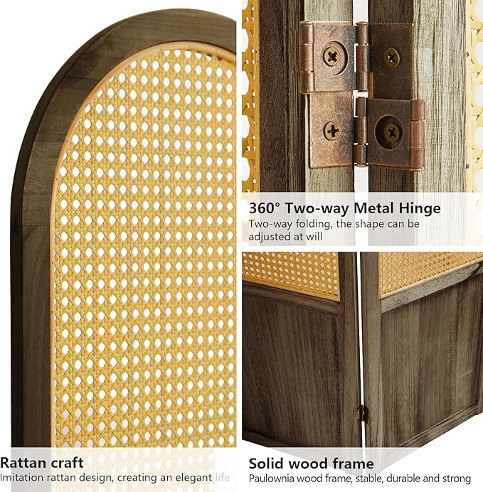 4 Panel Room Divider Wall, Folding Privacy Screen, Foldable Wood Divider Room Dec, Rattan Room Divider, Portable Partition Screen, Wall Divider for Room Separation Home Office (Brown)