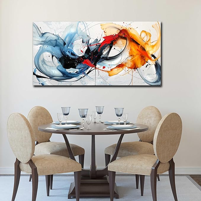 Blue Abstract Canvas Wall Art Bedroom - Modern Wall Art for Living Room Ready to Hang Size 24" x 48"