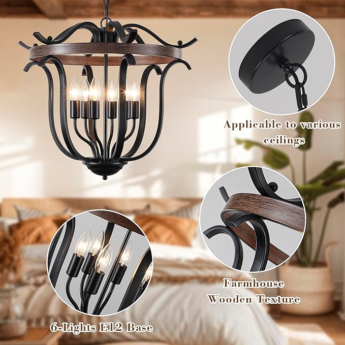 20" Large Farmhouse Chandelier for High Ceiling, 6 Light Vintage Cage Pendant Light Fixture Black Chandeliers for Living Room Staircase Entryway Kitchen