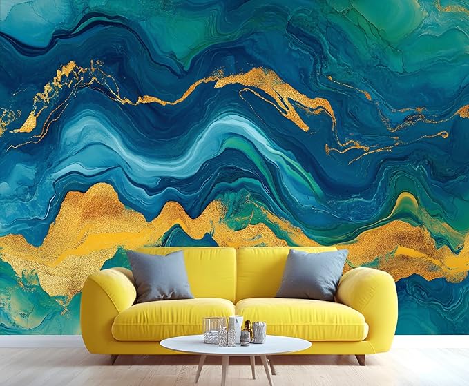Blue Gold Marble Mural Wallpaper, 3D Turquoise Murals, Modern Fashion Marble Murals Wallpaper for Living Room Bedroom Tv Background Wall Home Decor Mural (Not Peel Stick)
