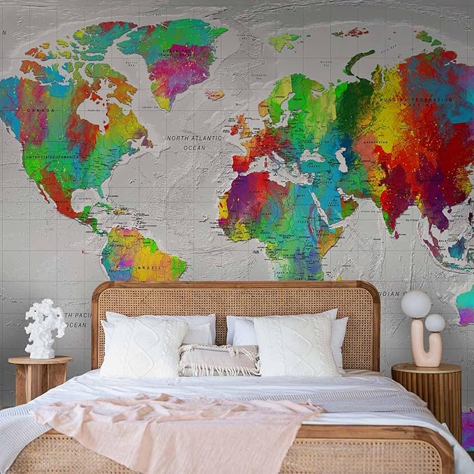 artgeist Premium Wall Mural World Map 118x83 in - XXL Non-Woven Wallpaper Fleece Wall Decor Photo Print Picture Image Design Home Map of The World k-A-0128-a-a