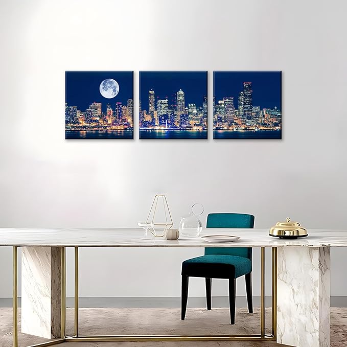 NAN Wind Panoramic Seattle Skyline Night Canvas Art Full Moon Over City Wall Decor 3 Panel Modern Urban Cityscape Print Blue Harbor Illuminated Skyscrapers Living Room Office Bedroom Home Decoration