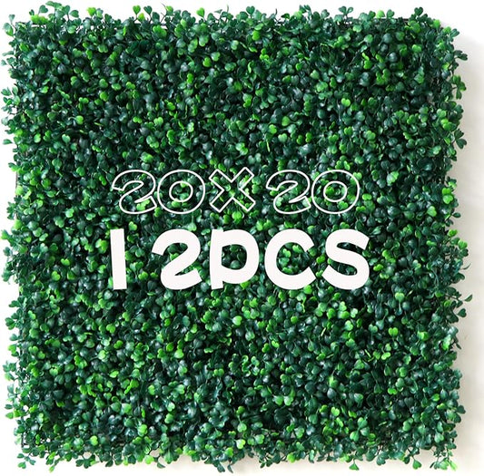 Grass Wall Panels 12Pcs 20"x 20" Artificial Boxwood Hedge Wall Realistic UV-Resistant Easy Install for Indoor Outdoor Privacy Fence & Garden Decor, Party Balcony and Backyard