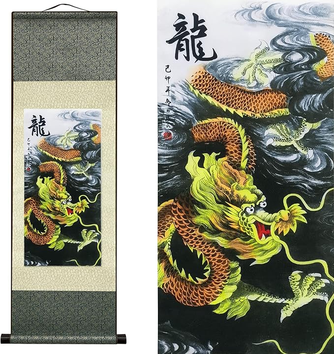 Chinese Landscape Painting Asian Wall Art Silk Scroll Painting Chinese Dragon Decoration Scroll Wall Five Paws Golden Dragon Decor Posters for Room Aesthetic Gallery Wall 36.2 x 12 in(L1)