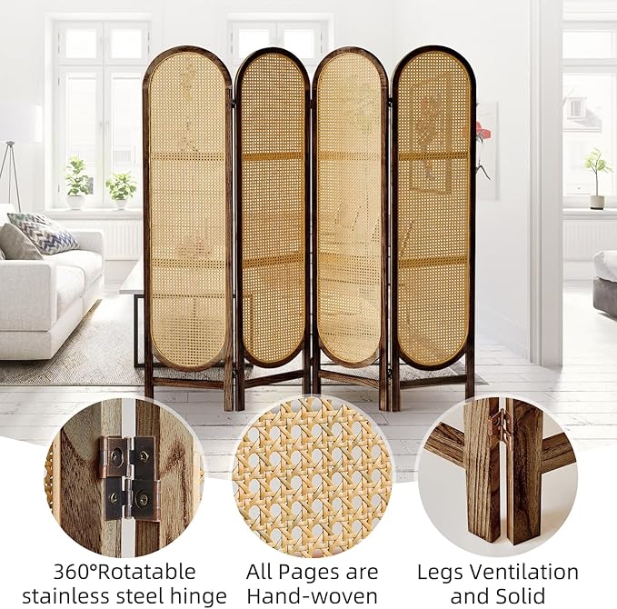 4 Panels Room Dividers and Hand-Woven Rattan Room Divider Wall, Wood Room Divider Folding Privacy Screens for Home Office Bedroom, Brown