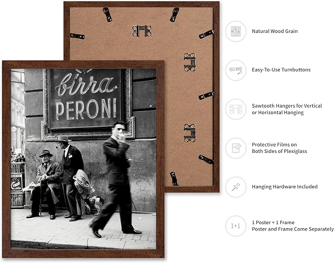 Poster Master Vintage Photograph Poster - Travel Print - Men in a Street of Napoli, Italy, Black & White, Minimalist - Gift for Artist, Friend - Wall Decor for Home, Office, 16x20 Brown Framed