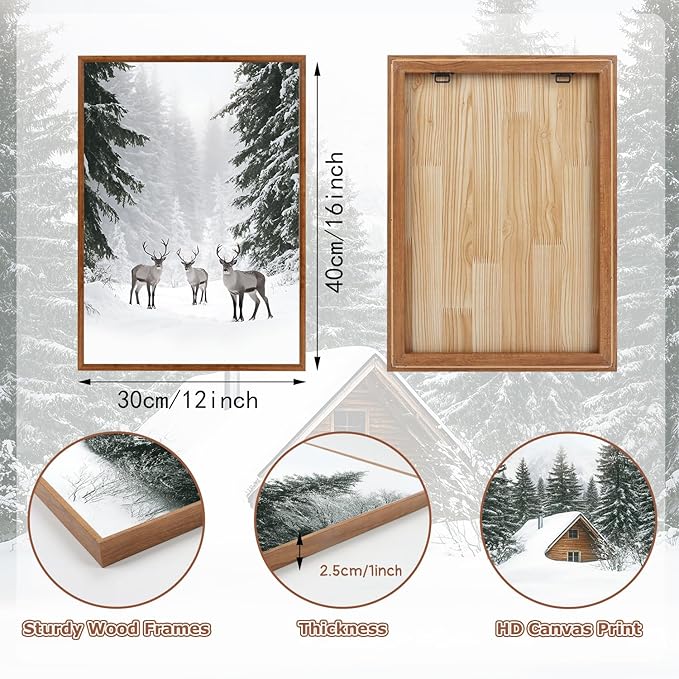 LHIUEM Christmas Pictures Wall Decor Winter Landscape Canvas Art 3 Piece Christmas Artworks(12”X16”) Winter Framed Art Prints Vintage Farmhouse Decorations Snow Forest Reindeer Wall Art for Room