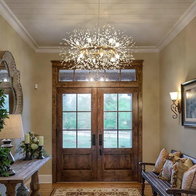 Modern Crystal Firework Chandelier, 12-Light (Bulb Included) Gold Dandelion Dining Room Light Fixtures, Round Hanging Pendant Light for Hight Ceiling, Living Room, Entryway, Staircase, Foyer