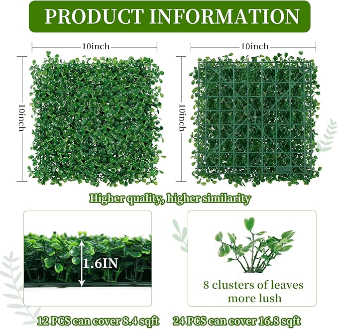 BonBloom's Artificial Grass Wall, 10" X 10" Set of 24(16.8 sqft), UV Protected for Indoor Outdoor Use, Realistic Greenery Wall Decor for Privacy Fences, Garden Walls, and Party Backdrops.