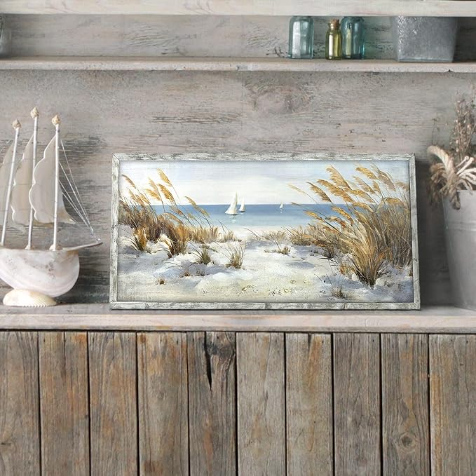 Coastal Framed Wooden Wall Art: Beach Oil Painting Style Seaside Pictures Seascape Art Prints Sand Dunes & Sailboat Artwork for Bathroom 24"x12"