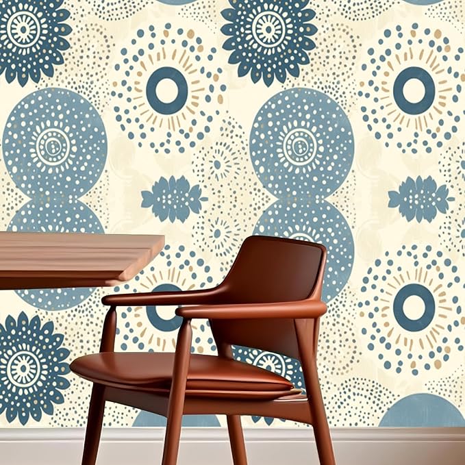 Nuxovilar Beige Blue Floral Medallion Textured Peel and Stick Wallpaper, 15.75"x39.37", Self-Adhesive Contact Paper, Vintage Tile Pattern for Bedroom, Living Room and Table Decor