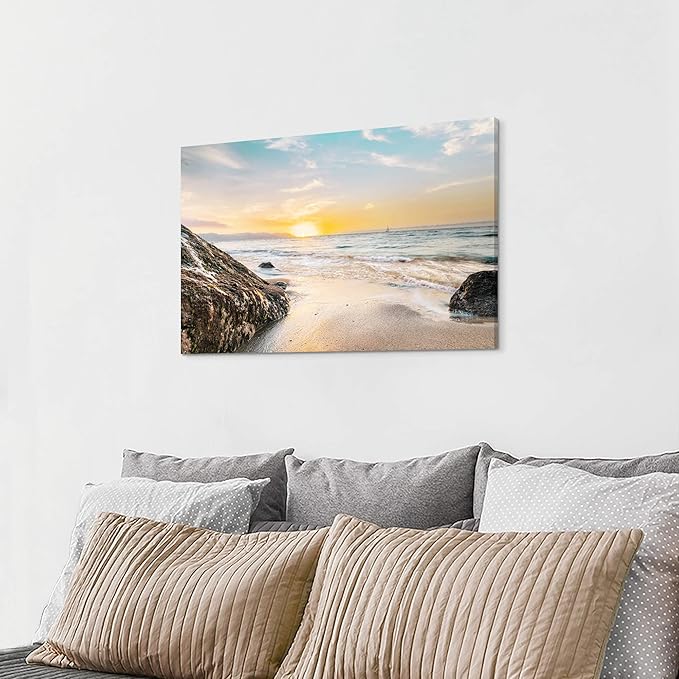 Coastal Canvas Wall Art Picture: Bathroom Beach Ocean Scene Print Seascape Sea Sunset Artwork Seaside Sailboat Rock Seashore Painting for Home Living Room Decorations 36 x 24 Inch